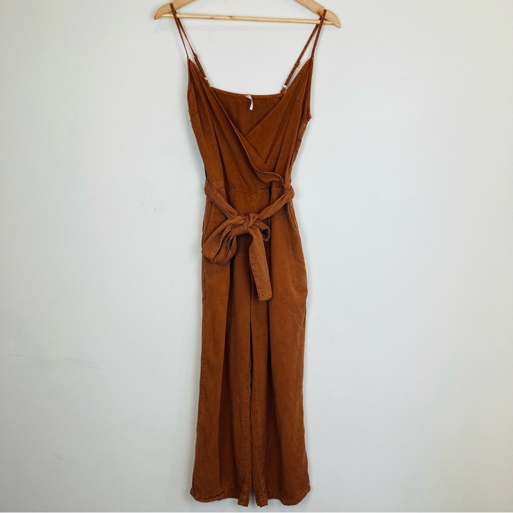 Free People Rust/Terracotta Wrap-Front Spaghetti Strap Jumpsuit